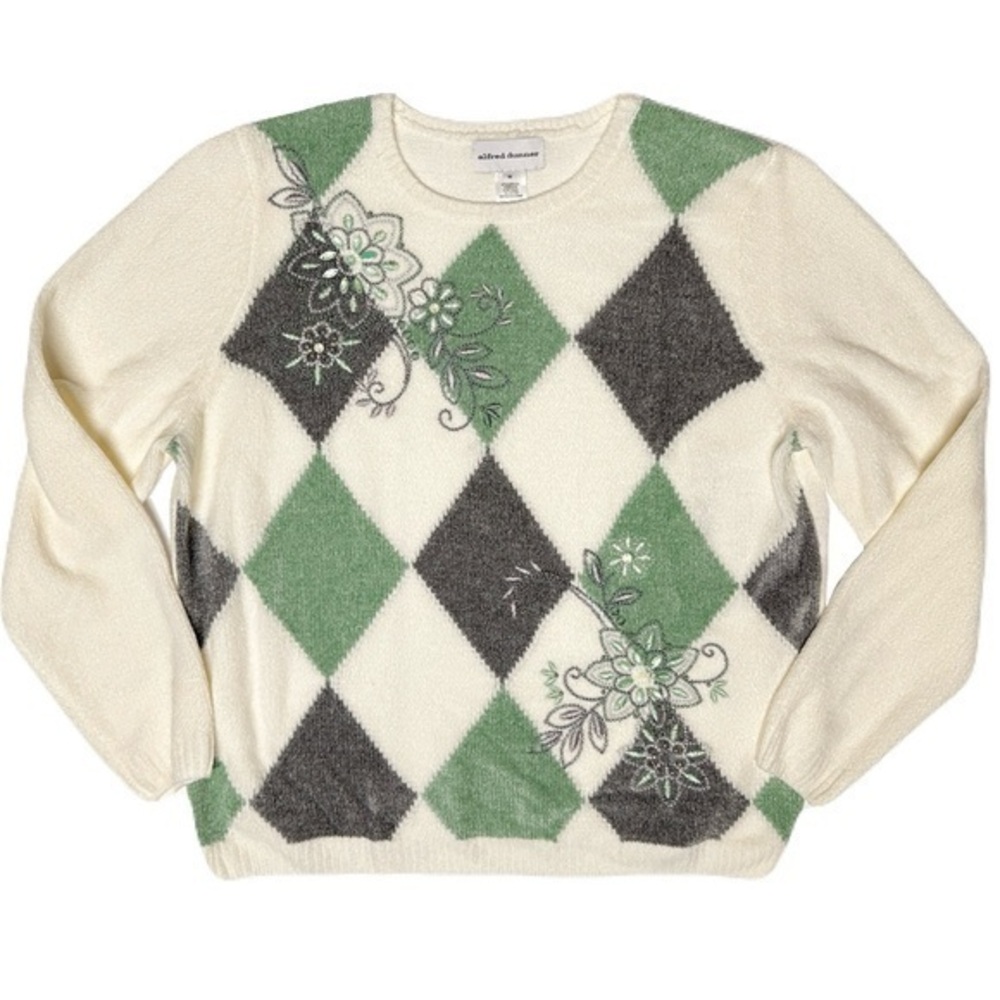 Vtg Cottagecore Argyle Rhinestone Embroidered Floral Chenile Knit Sweater M